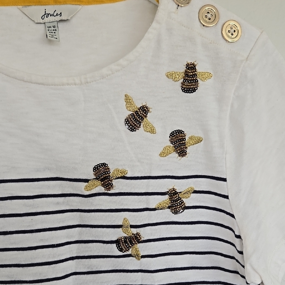 Joules Bee Design Embroidered Button Shoulder Top Size 8 - Picture 4 of 15